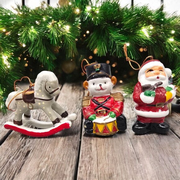 Vtg Set Of 3 Hand-Painted Ceramic Christmas Ornaments Santa Toy Soldier Horse - Picture 2 of 9